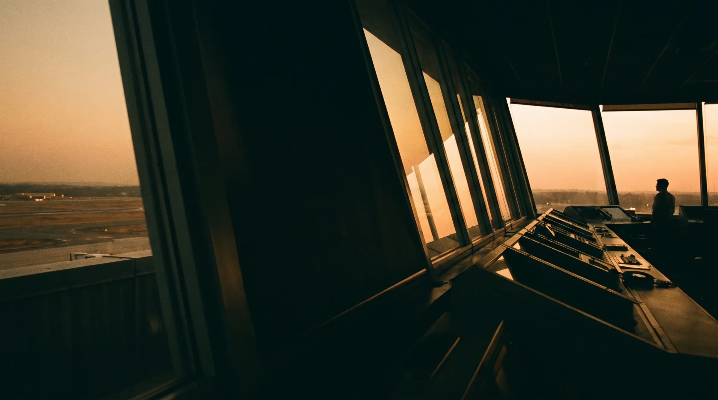 A lone supervisor watches the airfield at dusk from inside the control tower