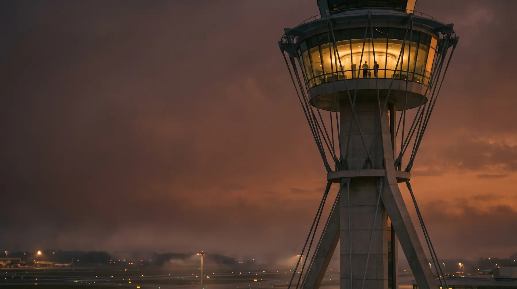 Airport control tower at dusk with supervisors visible in the glowing cab: supervisory technology is how authorities watch the system in real time
